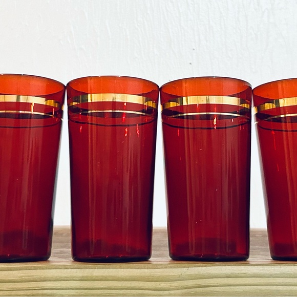 Set Of 6 Vintage Ruby Red With Gold Trim Drinking Glasses/ Vintage Glassware - Picture 14 of 14
